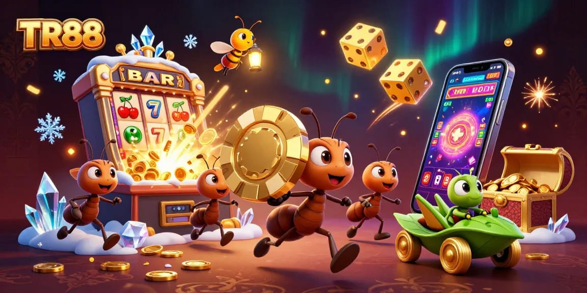 Watch a team of ants expertly heist a gigantic poker chip at TR88 casino, surrounded by vivid casino symbols.