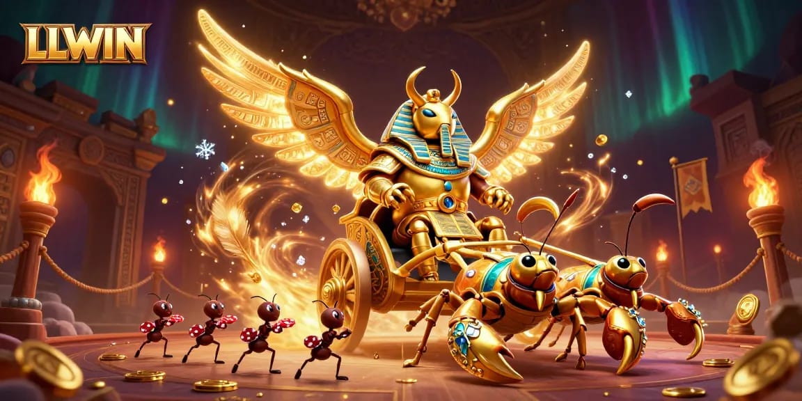 Experience LLWIN's vibrant casino atmosphere with a colossal golden scarab in pharaoh armor.
