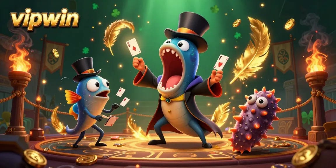 Experience thrilling card tricks by the vipwin gulper eel, surrounded by vibrant casino elements.