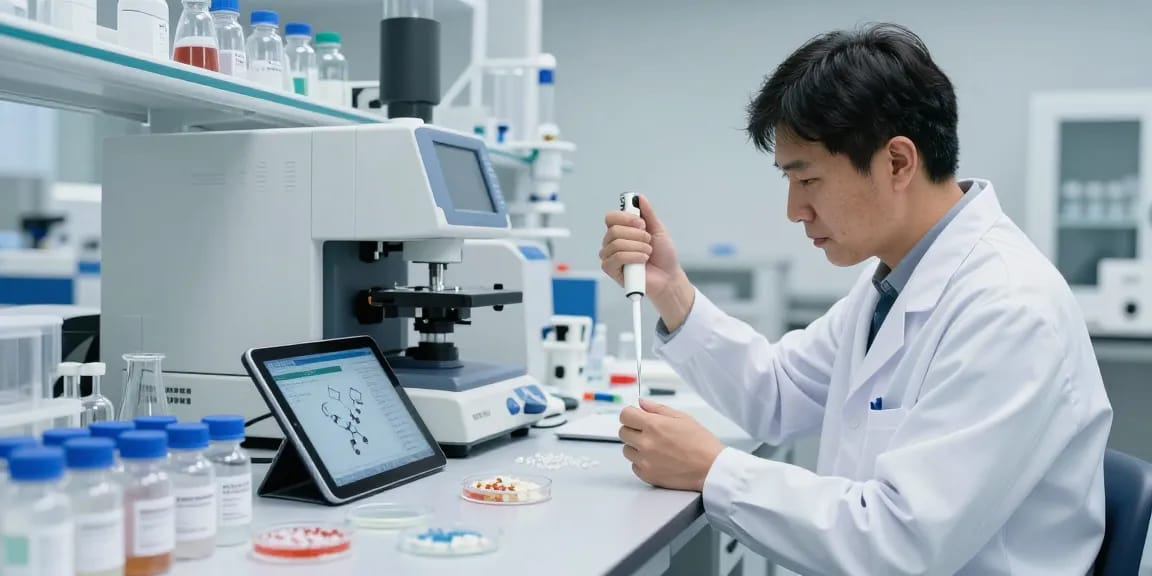 Scientist analyzing COA-verified peptides in modern lab environment with advanced equipment.