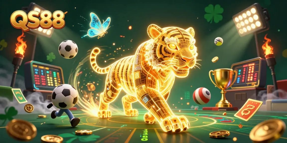 Experience thrilling gameplay with QS88's dynamic casino action, featuring a golden tiger and sports elements.