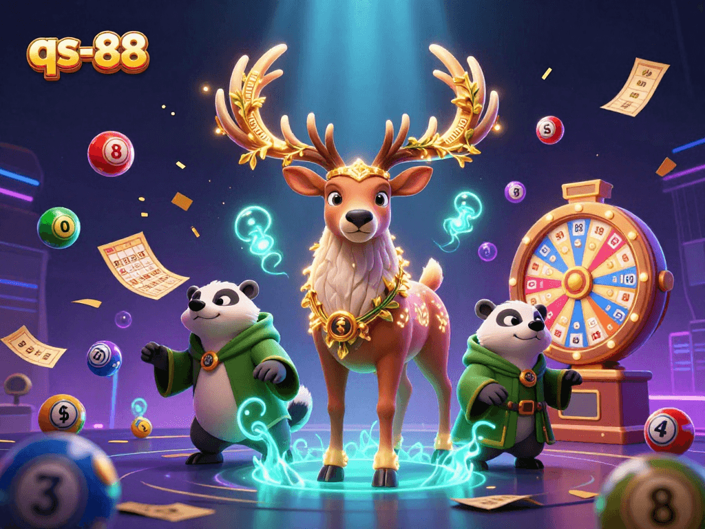 Experience excitement at qs-88 with 3D druid stag and lottery elements in a vibrant casino scene.