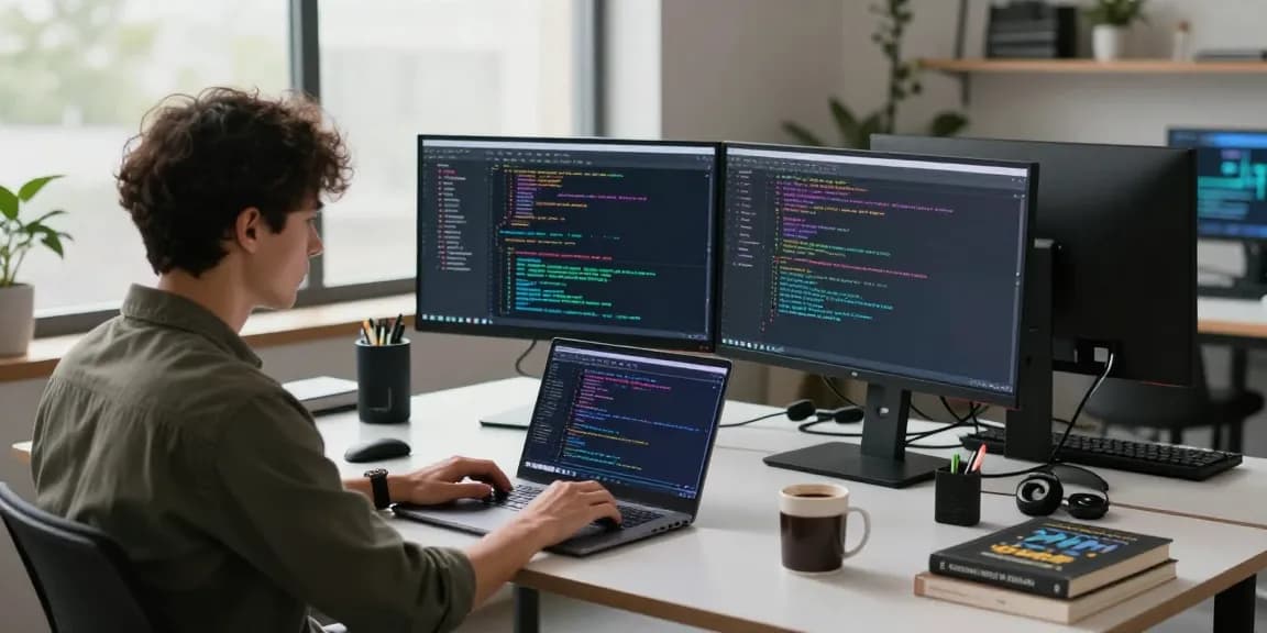 WhatsApp下載 in a modern tech workspace with a programmer coding efficiently.