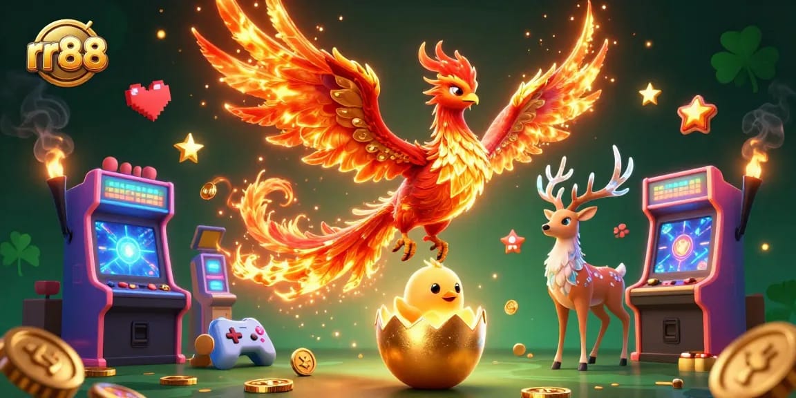 Experience excitement at rr88 with a vibrant gambling scene featuring a phoenix and thrilling game elements.