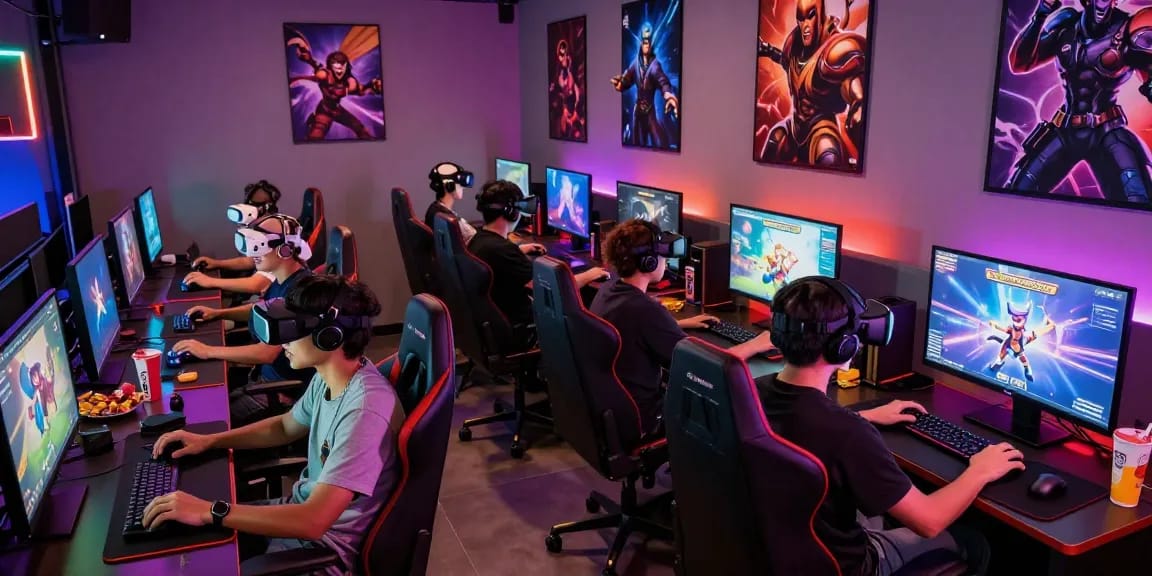 Engaged gamers playing free porn games in a vibrant gaming lounge atmosphere.