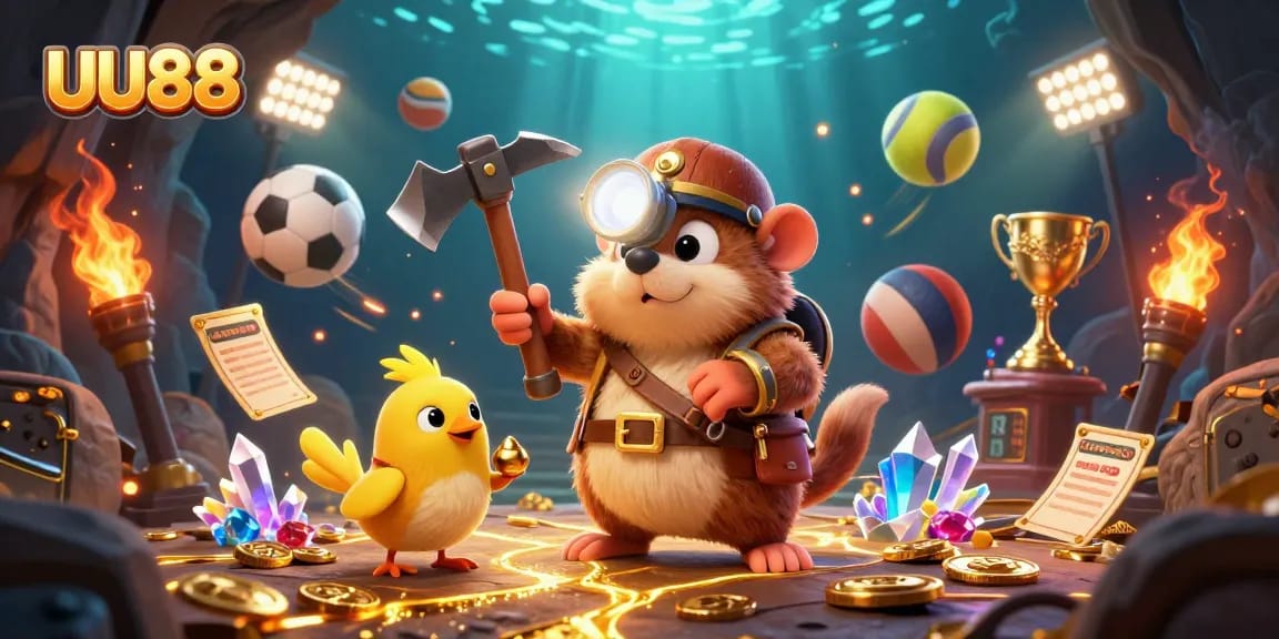 UU88 offers thrilling betting experiences with 3D characters exploring treasures in a vibrant casino.