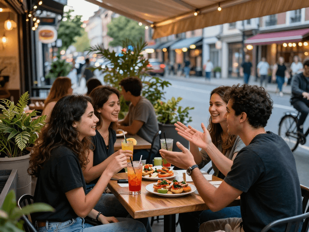 Enjoying a spicy chat over colorful drinks and tapas at a lively café setting.
