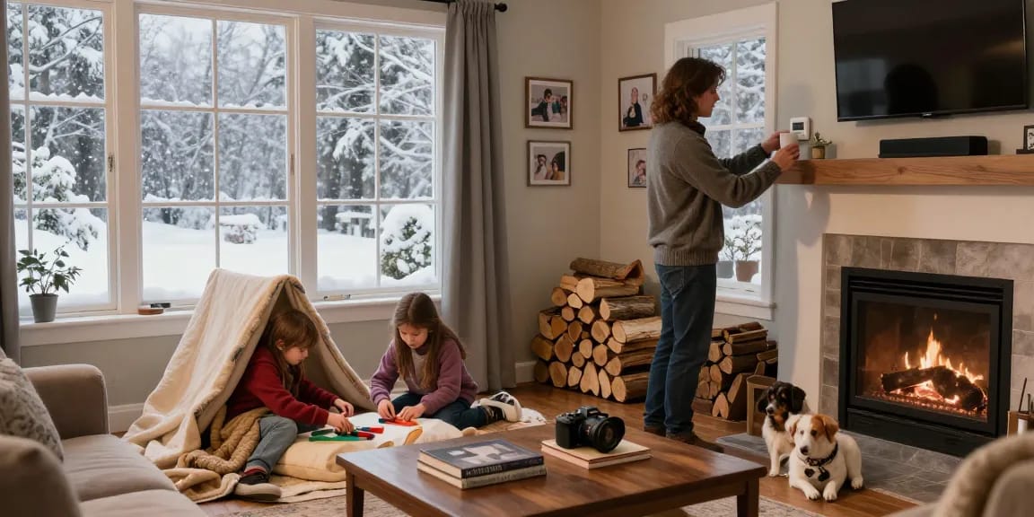 HVAC Stevens Point WI homeowner adjusting thermostat in cozy living room during winter.