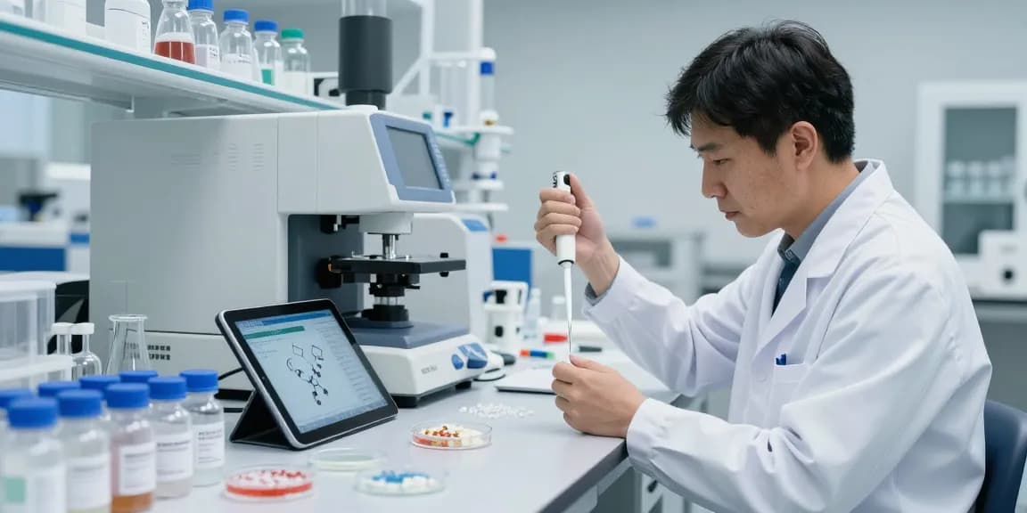 Scientist analyzing COA-verified peptides in modern lab environment with advanced equipment.