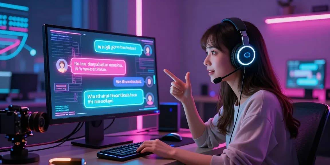 AI NSFW chat interaction with a vibrant digital character in a stylish workspace, showcasing engaging conversation and advanced technology.