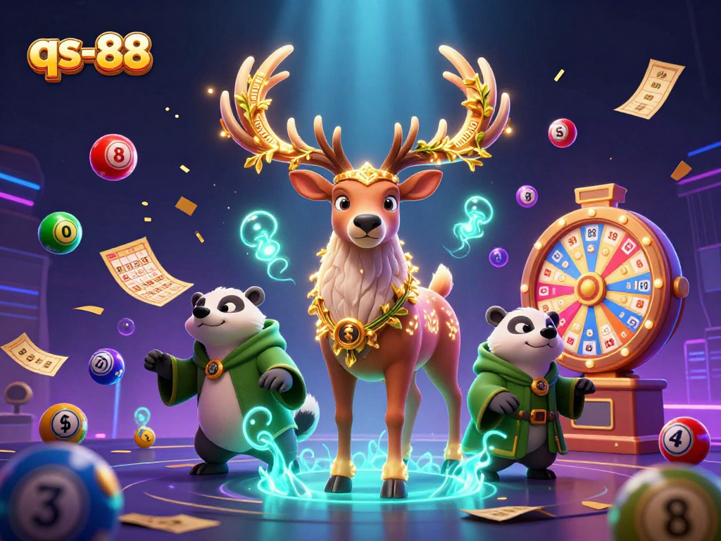 Experience excitement at qs-88 with 3D druid stag and lottery elements in a vibrant casino scene.