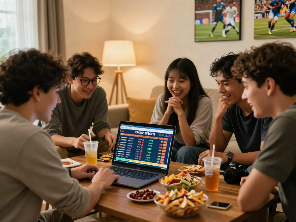 Group enjoying 토토사이트 검증 먹튀스팟 while discussing safety ratings and betting options in a cozy living room