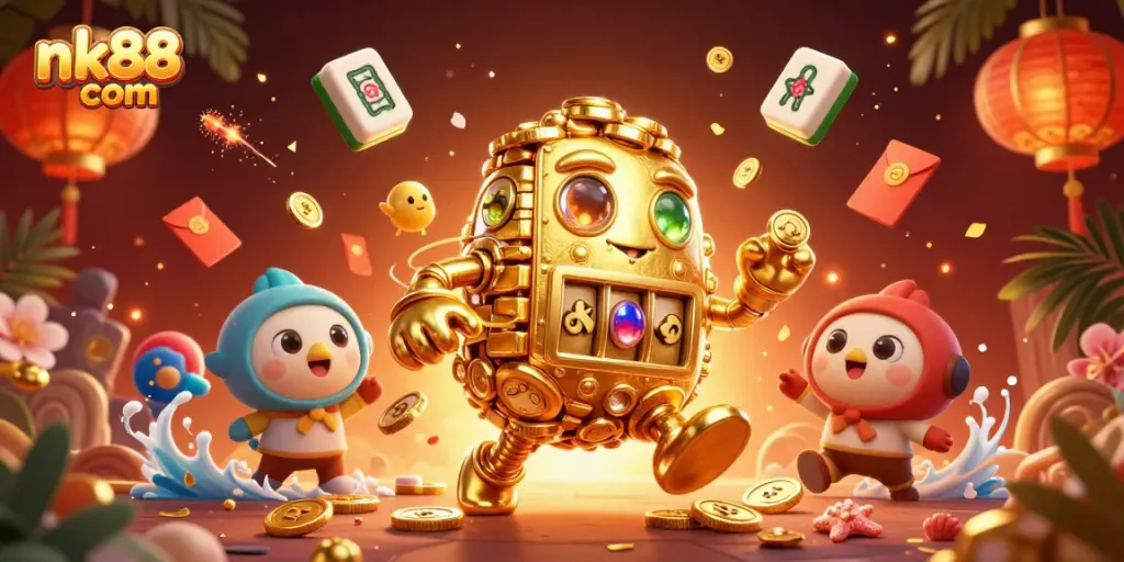 Engage with thrilling wins at nk88 com, featuring a golden golem amidst vibrant casino elements.