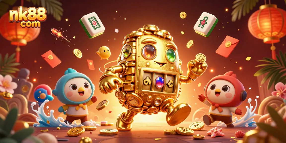 Engage with thrilling wins at nk88 com, featuring a golden golem amidst vibrant casino elements.