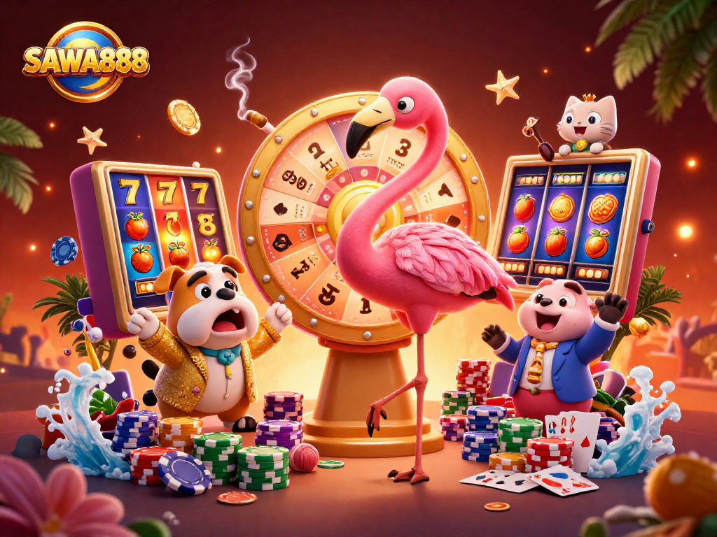 Experience the excitement of SAWA888 as the colorful characters showcase thrilling slots, prizes, and poker action.