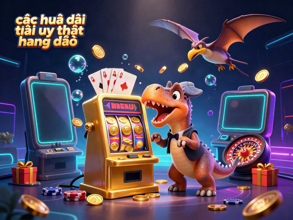 Win big at các nhà cái uy tín hàng đầu with a cartoon dinosaur hitting a slot machine amidst golden coins.