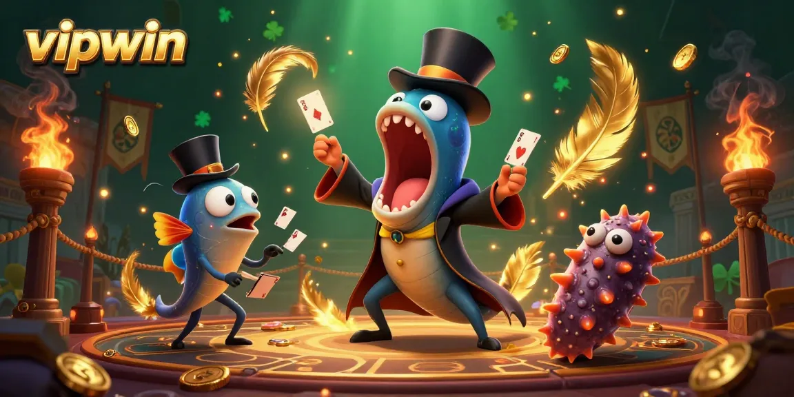 Experience thrilling card tricks by the vipwin gulper eel, surrounded by vibrant casino elements.