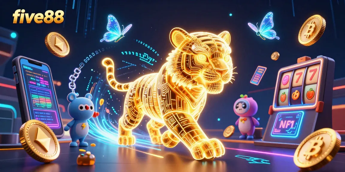 Engage in thrilling gaming adventures with five88, featuring neon-tiger and crypto elements in a vibrant casino.