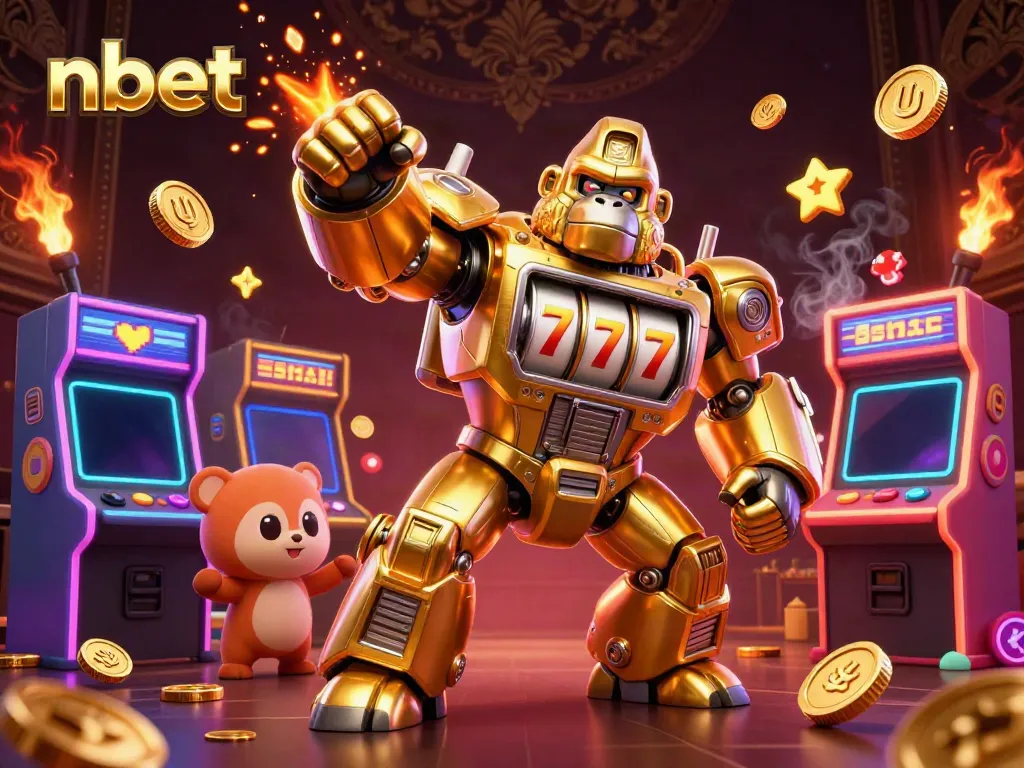 Experience thrilling gaming with Nbet's vibrant scene of a golden gorilla mech amidst arcade games.