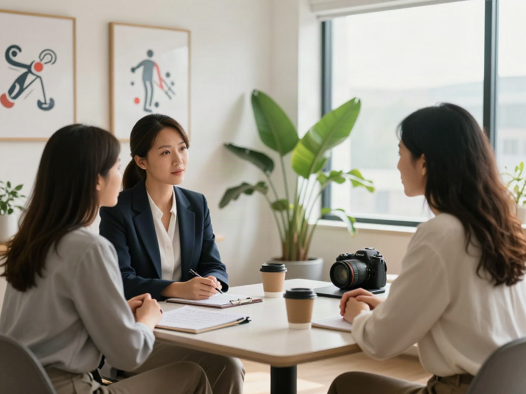 Consultation for sex ai insights in a bright coaching office with a couple and a relationship coach.
