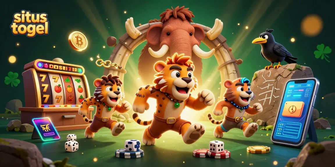 Situs togel game strategies illustrated with vibrant cavemen, a sabertooth, and slot reels.
