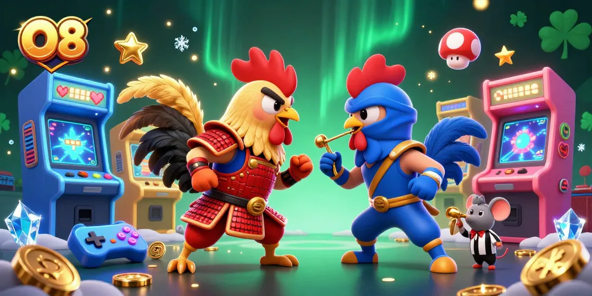 Engage with O8 through thrilling rooster battles featuring samurai and ninja in a vibrant casino setting.
