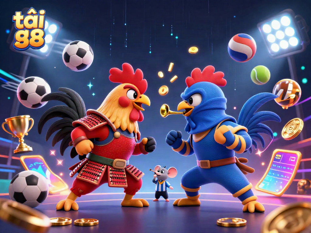 Experience immersive gameplay with tải go 88, featuring cartoon roosters in a dynamic gambling scene.