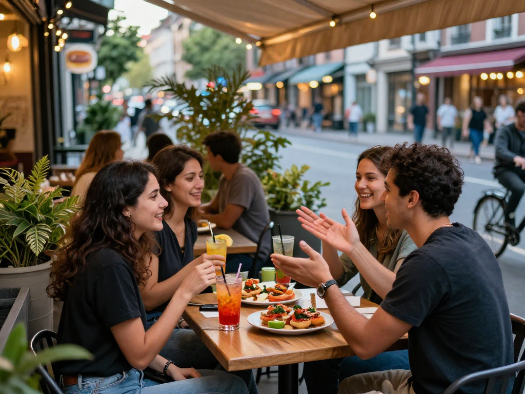Enjoying a spicy chat over colorful drinks and tapas at a lively café setting.