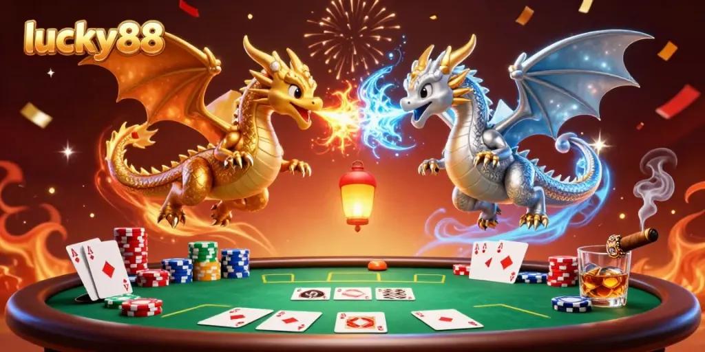 Experience thrilling wins with lucky88 at a vibrant casino scene featuring dragons and poker elements.