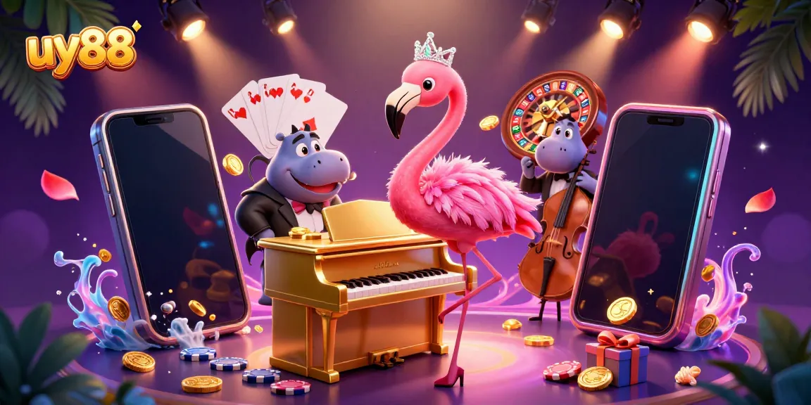 Engage in the vibrant casino atmosphere with uy88, where a flamingo singer and hippo bassist create a lively scene.