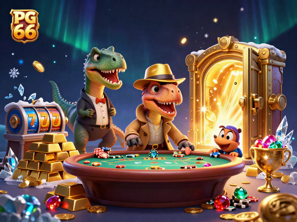 PG 66 showcases a velociraptor card counter amidst a vibrant casino scene, maximizing winning vibes.