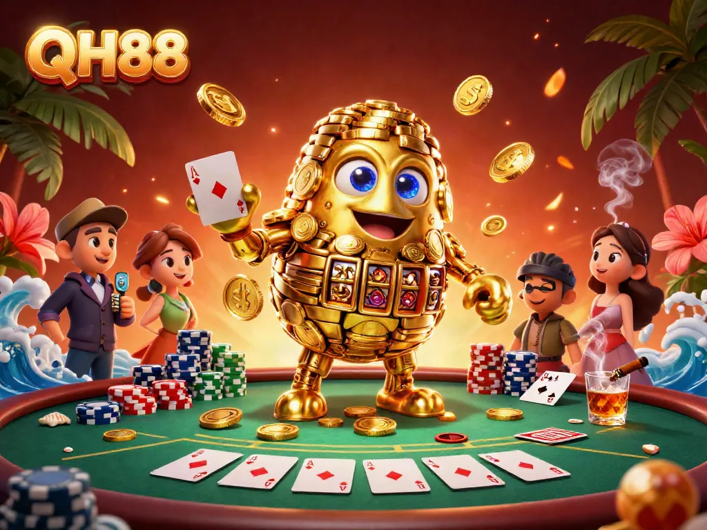 Engage with QH88 as a dynamic golem surrounded by colorful casino elements and poker excitement.