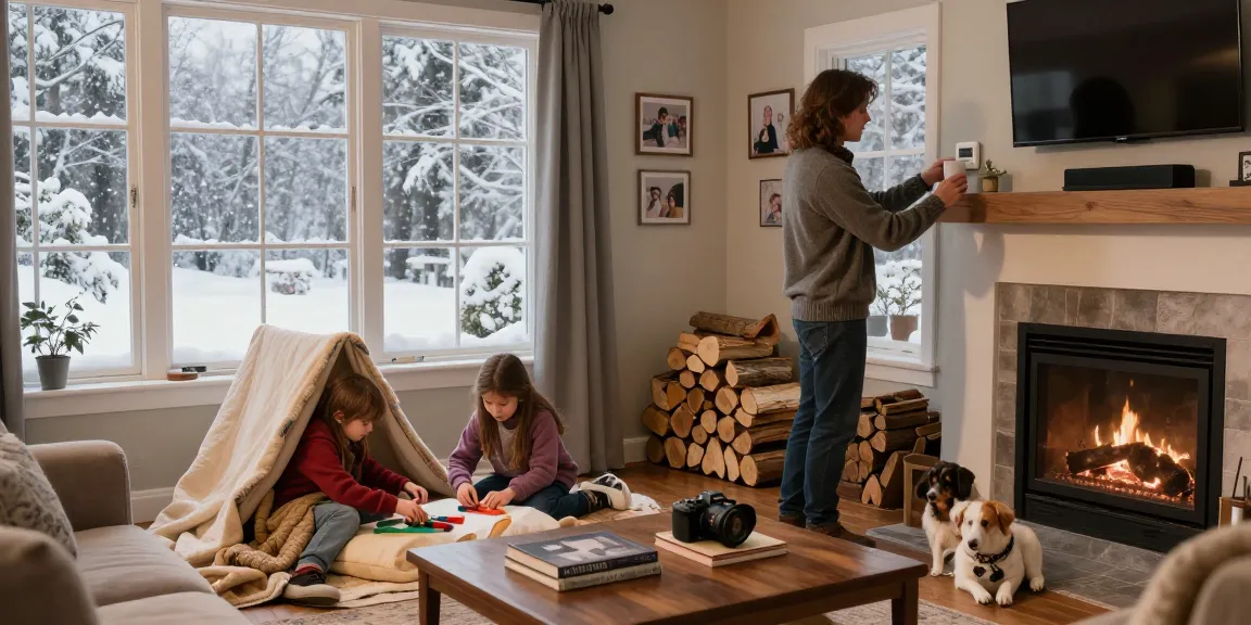 HVAC Stevens Point WI homeowner adjusting thermostat in cozy living room during winter.