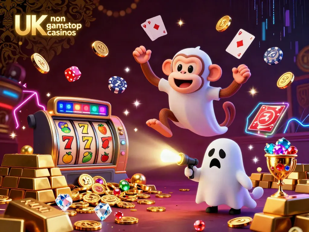 Engage with the whimsical story of UK non gamstop casinos as a ghostly monkey juggles golden treasures in a haunted setting.