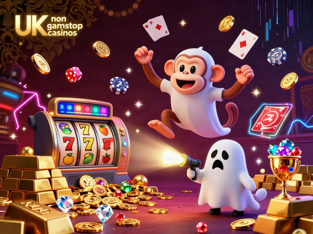 Engage with the whimsical story of UK non gamstop casinos as a ghostly monkey juggles golden treasures in a haunted setting.