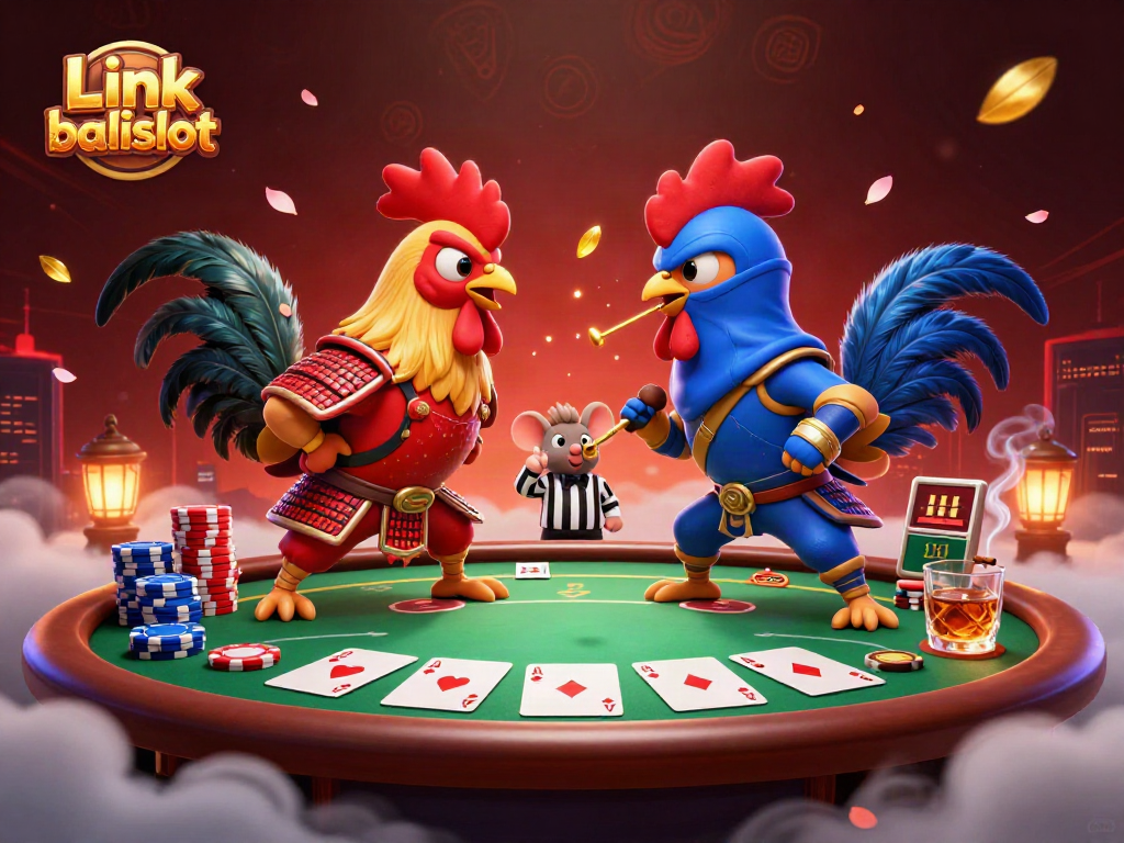Engage in intense action with Link balislot as fighting roosters duel amidst a vibrant casino scene.