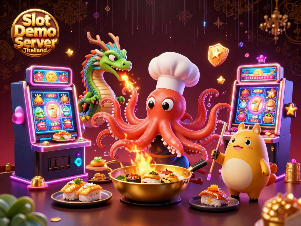Engage in thrilling gaming action with Slot Demo Server Thailand featuring a sushi chef octopus and dragon.
