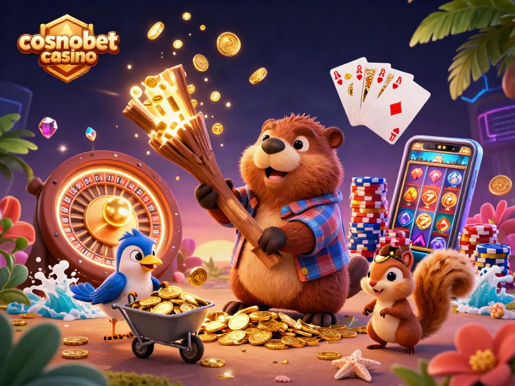 Experience the excitement of cosmobet casino with a lively scene of animated characters enjoying casino games and winning rewards.