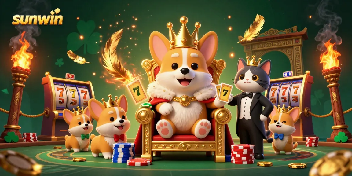 Spin and win with sunwin's lively casino scene showcasing royal corgis and golden elements.