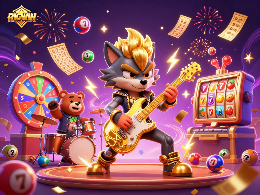 Experience exciting gameplay with RICWIN as a rock star wolf unleashes vibrant elements on a casino stage.